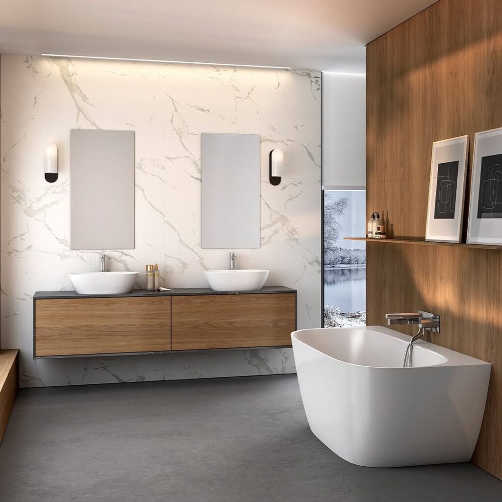 Modern bathroom with marble walls and wooden vanities