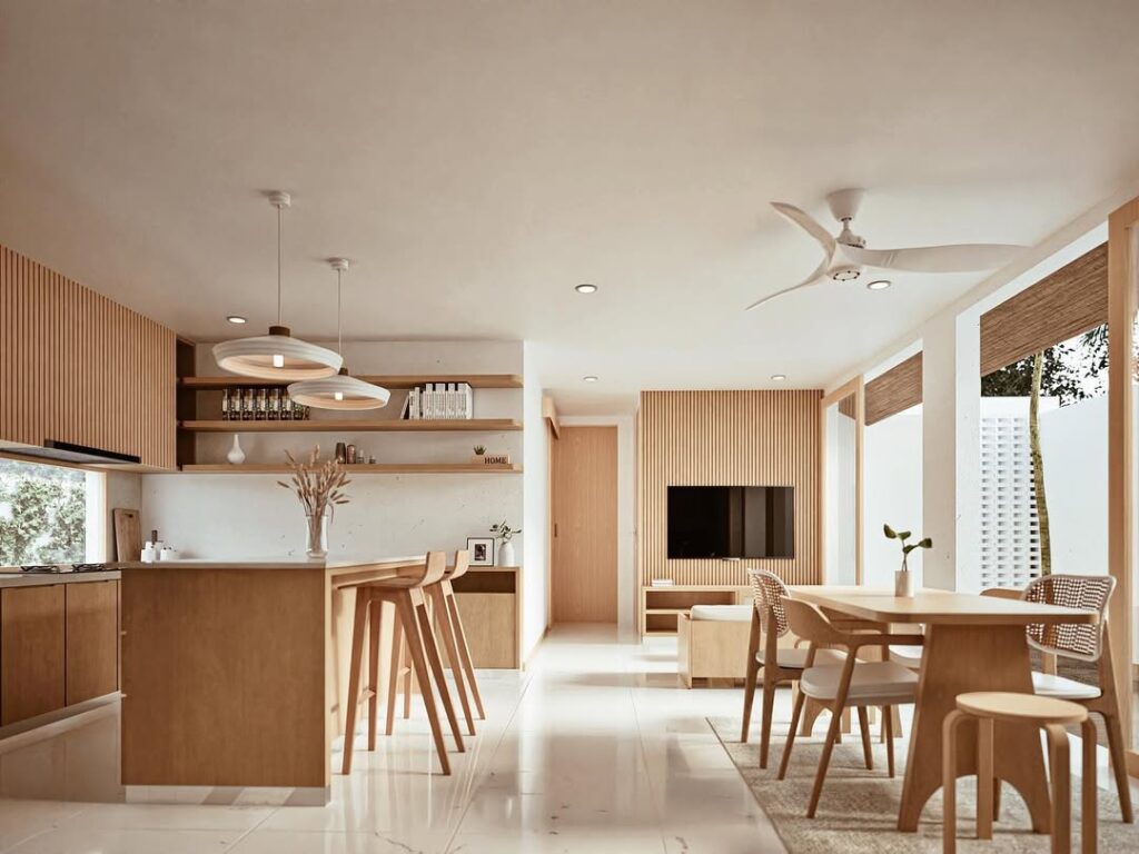 Open concept kitchen and dining space with wooden slat details