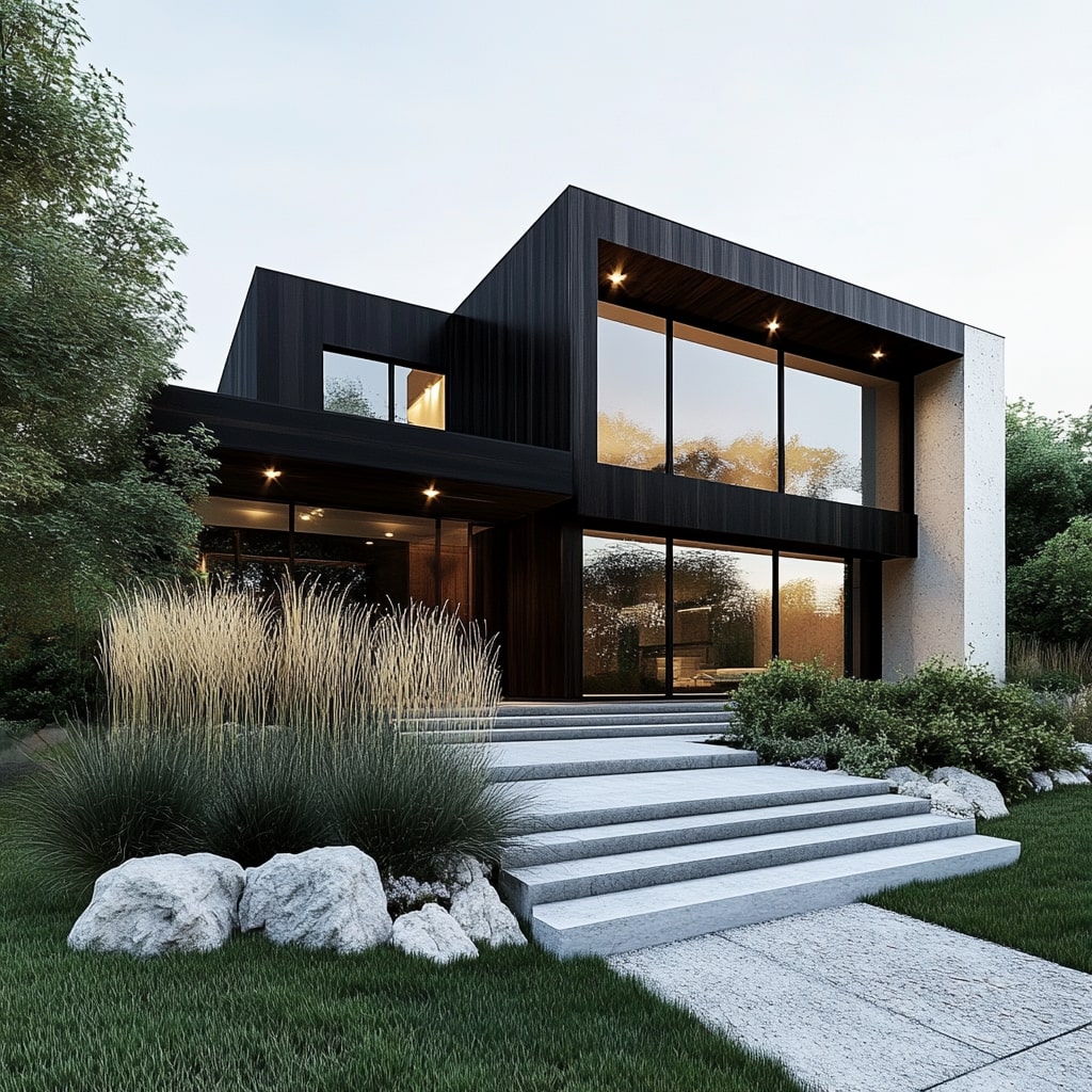 Black and white modern house with floating concrete steps and ornamental grasses