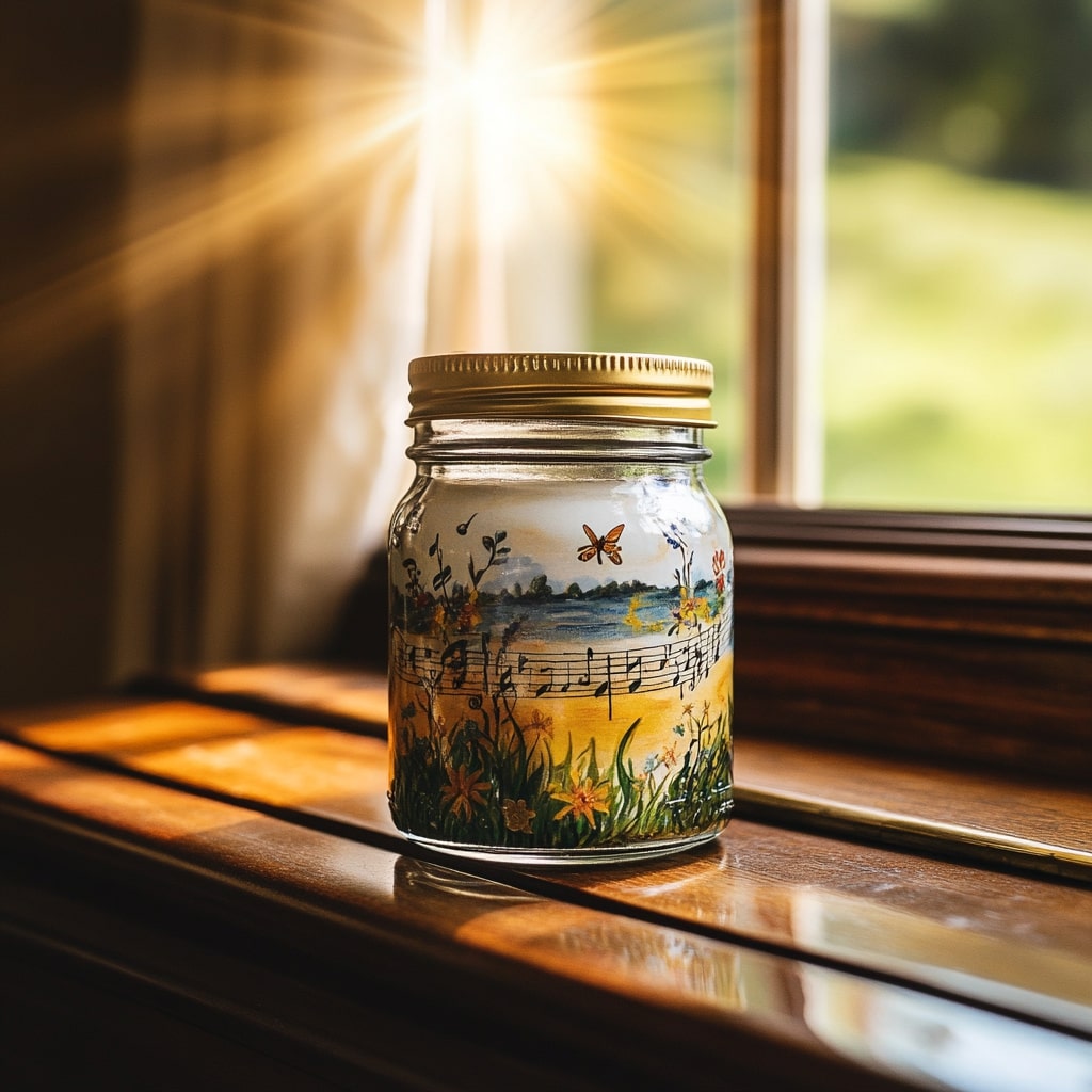 Mason jar painted with musical notes and spring garden scene