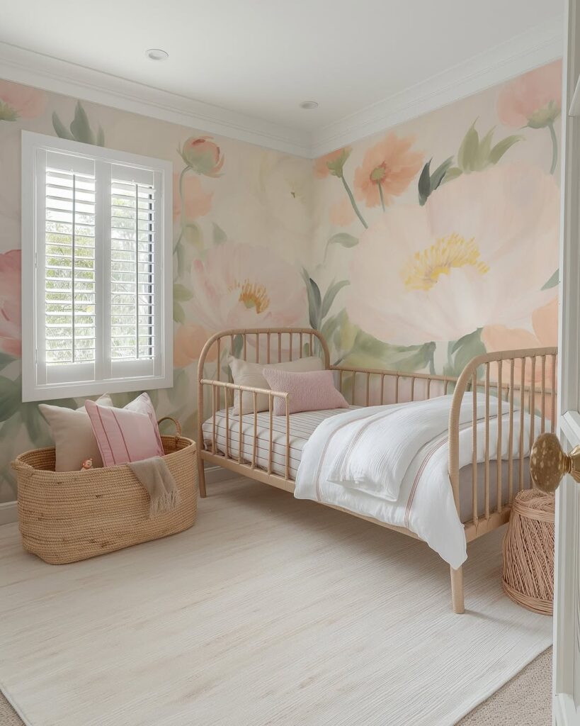 Girls room with floral walls and rattan daybed with white bedding