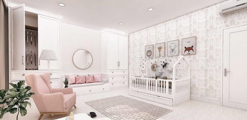  Modern white nursery with house bed frame pink chair and animal artwork gallery wall