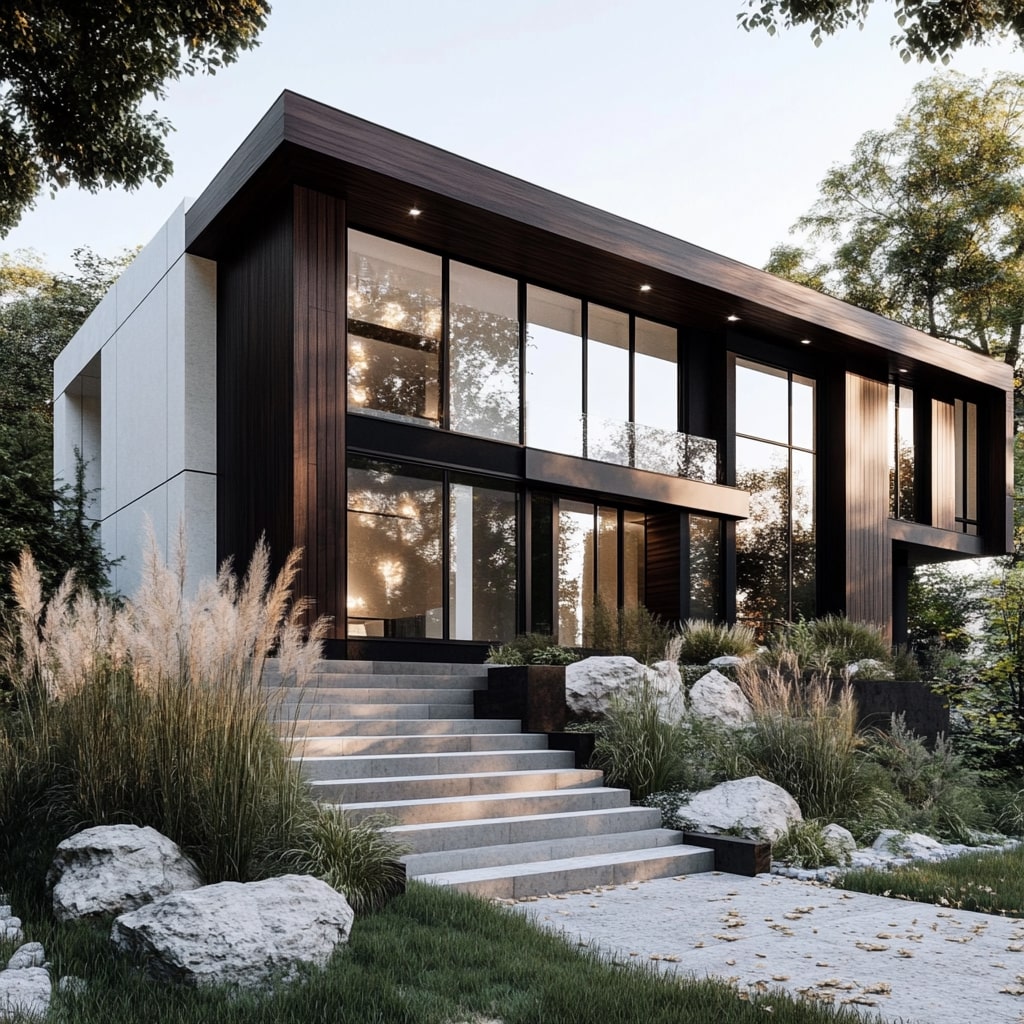 Modern house with wood accents white walls and landscaped entrance steps
