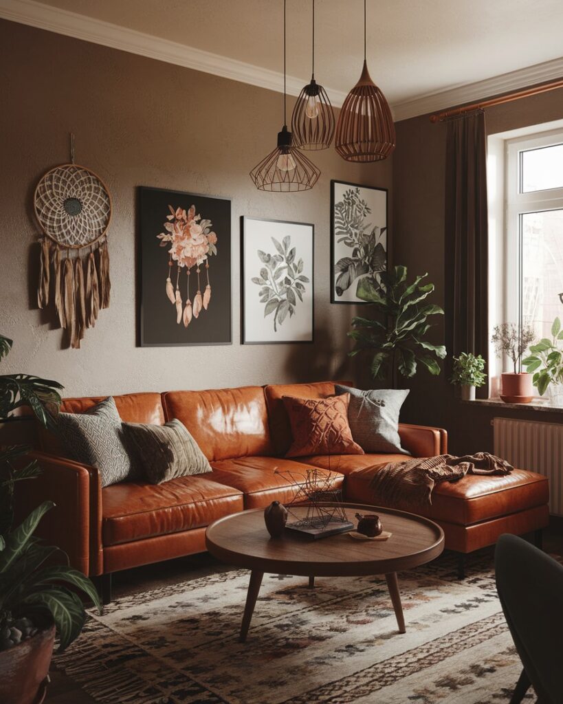 Brown living room with leather sectional botanical prints and pendant lights