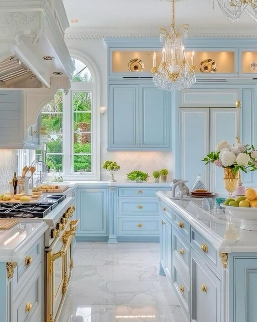 Elegant blue kitchen with crystal chandelier gold hardware and marble floors