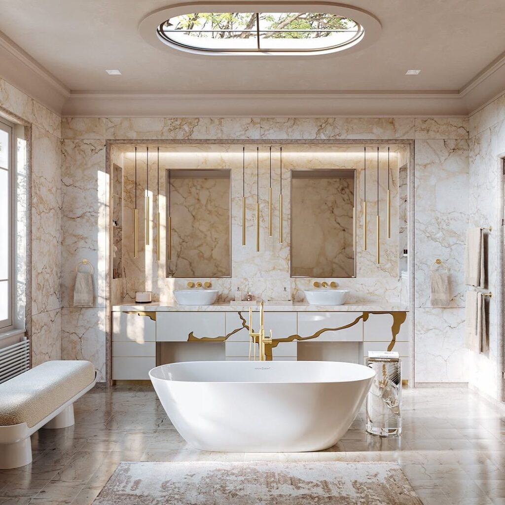 Marble bathroom with oval skylight and gold accents