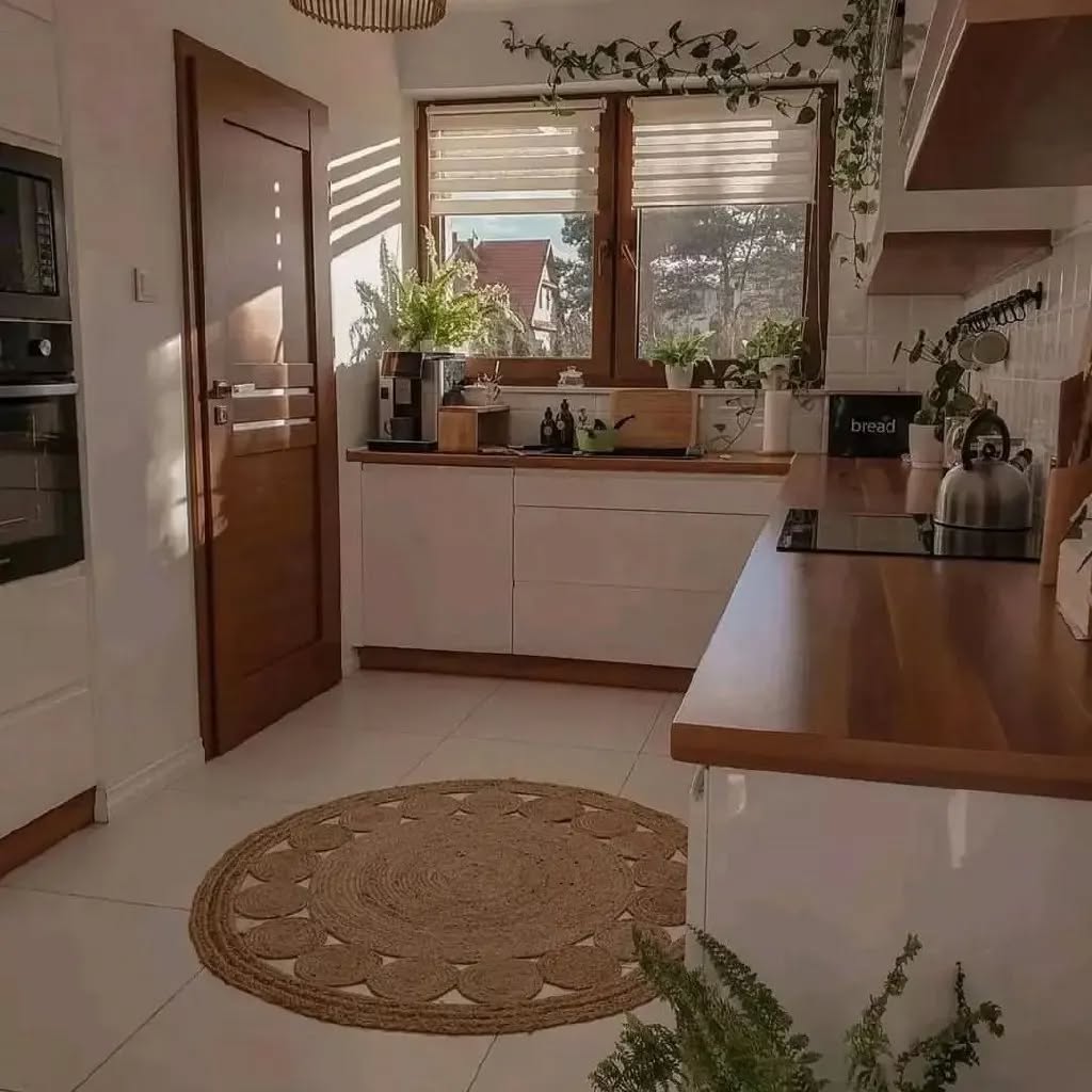  White minimalist kitchen with wooden counters and round jute rug