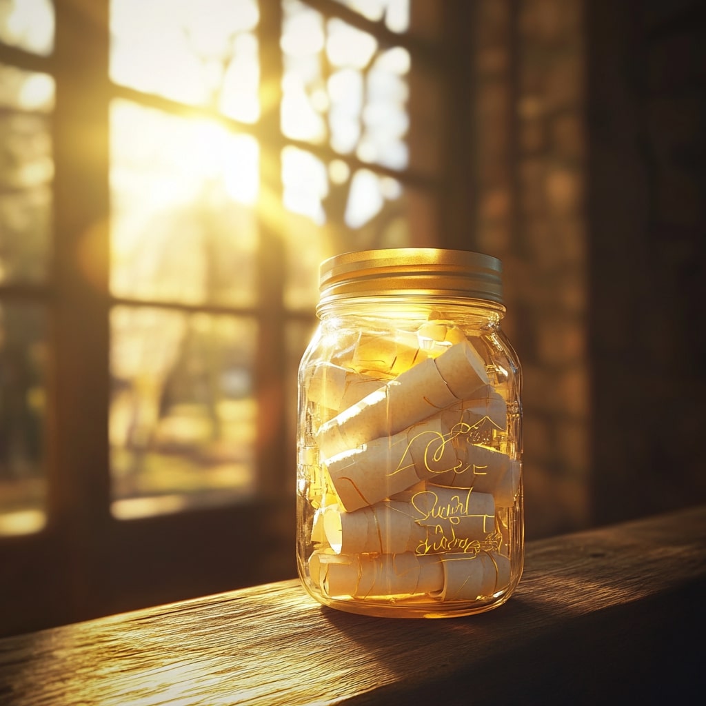 Mason jar filled with paper notes in golden sunlight