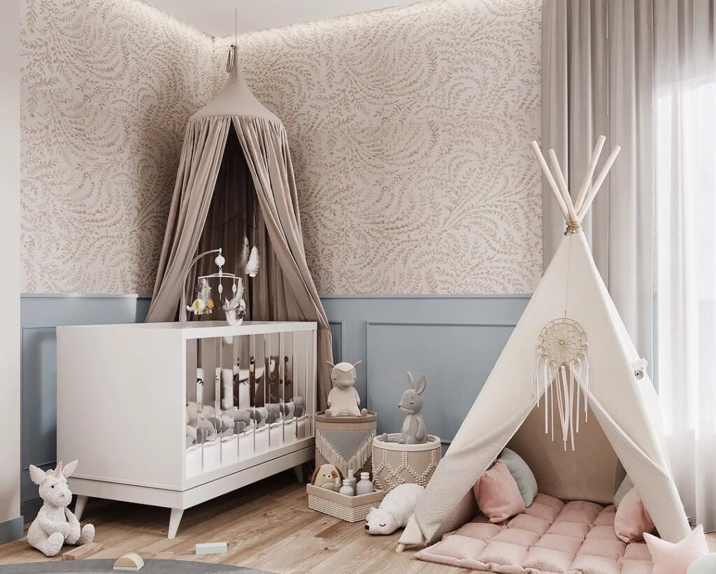 Nursery with canopy crib teepee and bunny decor