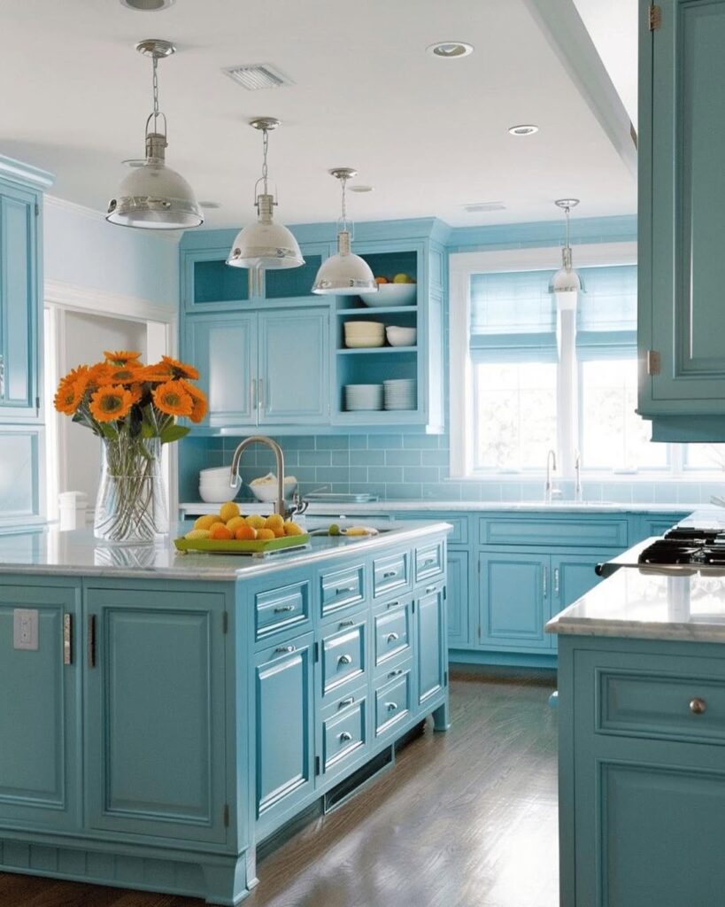 Aqua blue kitchen with industrial pendants open shelving and sunflowers