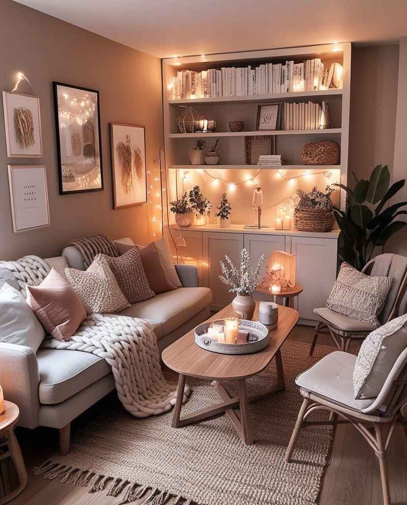 Cozy living room with string lights built in shelves and comfortable seating