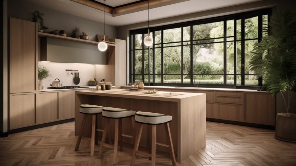 Kitchen with large windows and wooden island overlooking garden