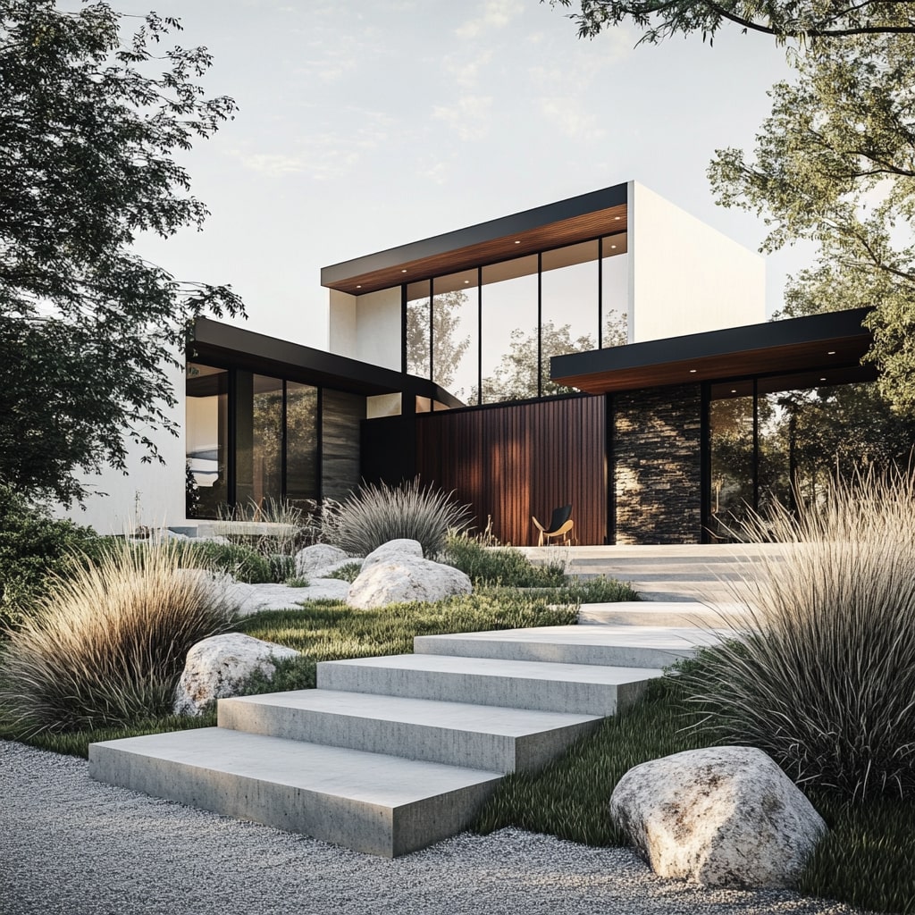 Modern house with stone accents concrete steps and prairie style landscaping
