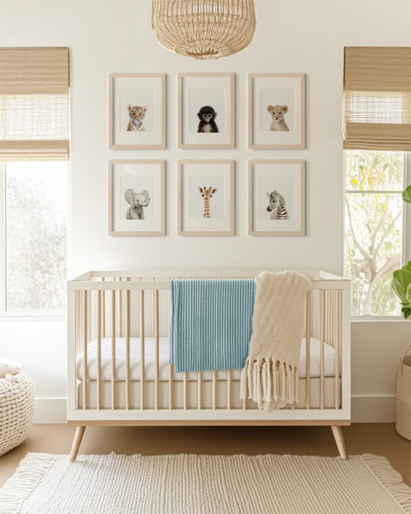  Modern nursery with safari prints bamboo shades and natural decor