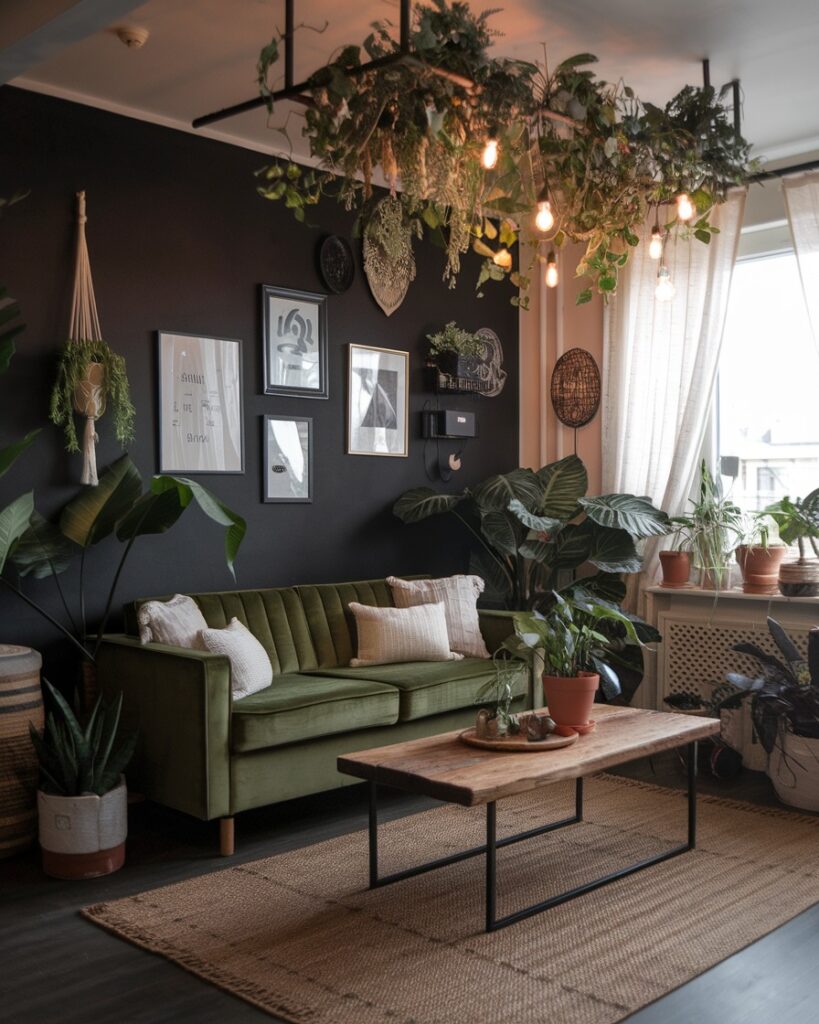  Green velvet sofa with hanging plants black walls and modern artwork