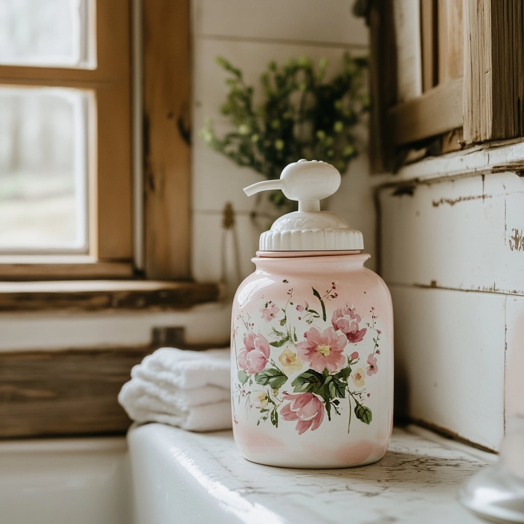 Pink floral painted mason jar soap dispenser