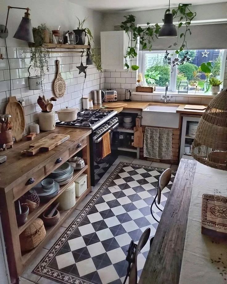 Rustic kitchen with checkerboard floor and wooden shelving