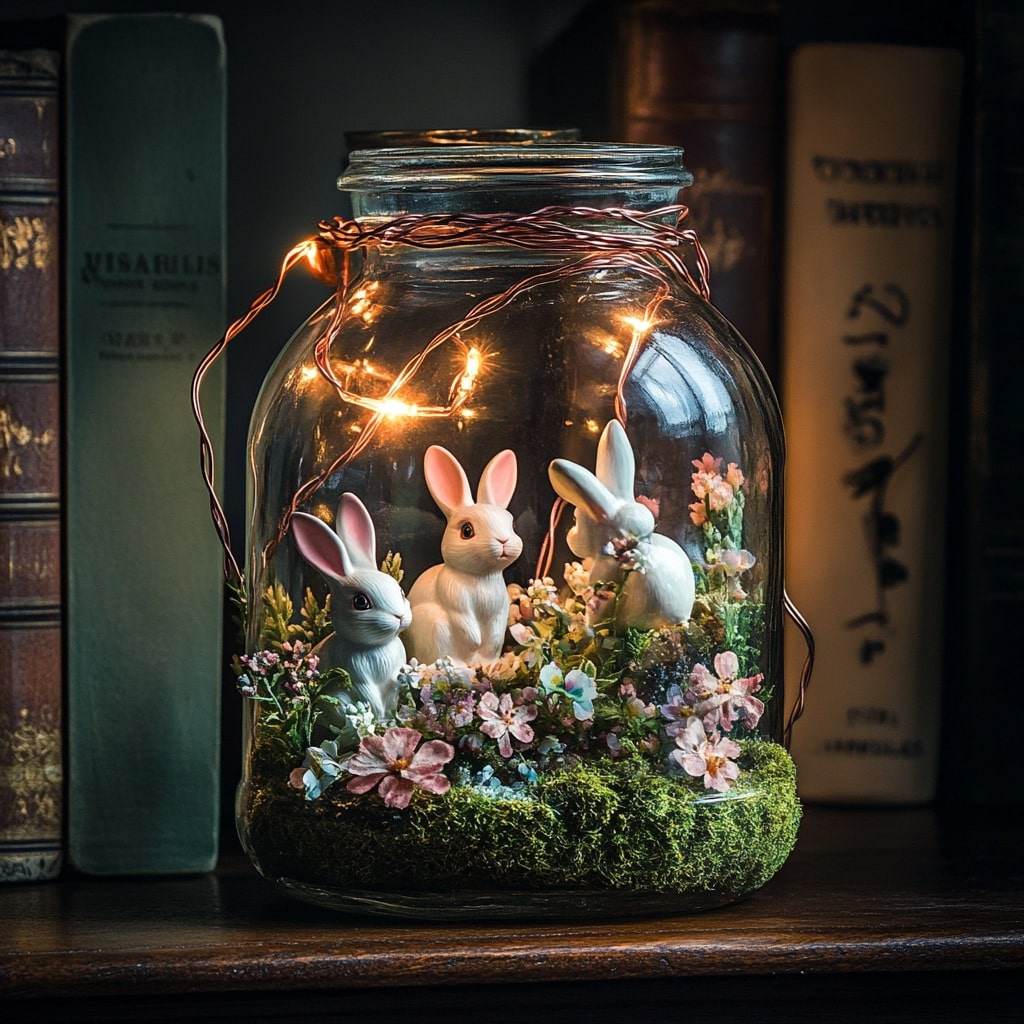 Illuminated mason jar terrarium with bunnies and flowers