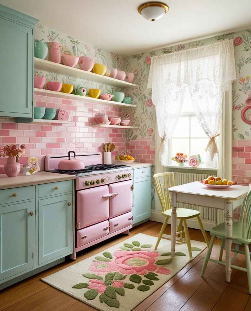 Vintage kitchen with pink stove mint cabinets and floral accents