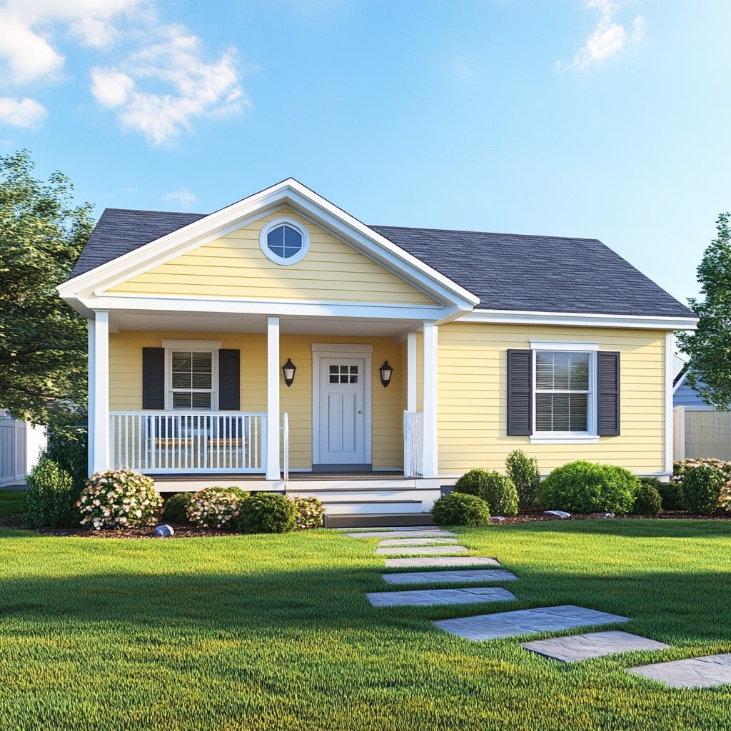Yellow cottage style house with white trim and stepping stone pathway