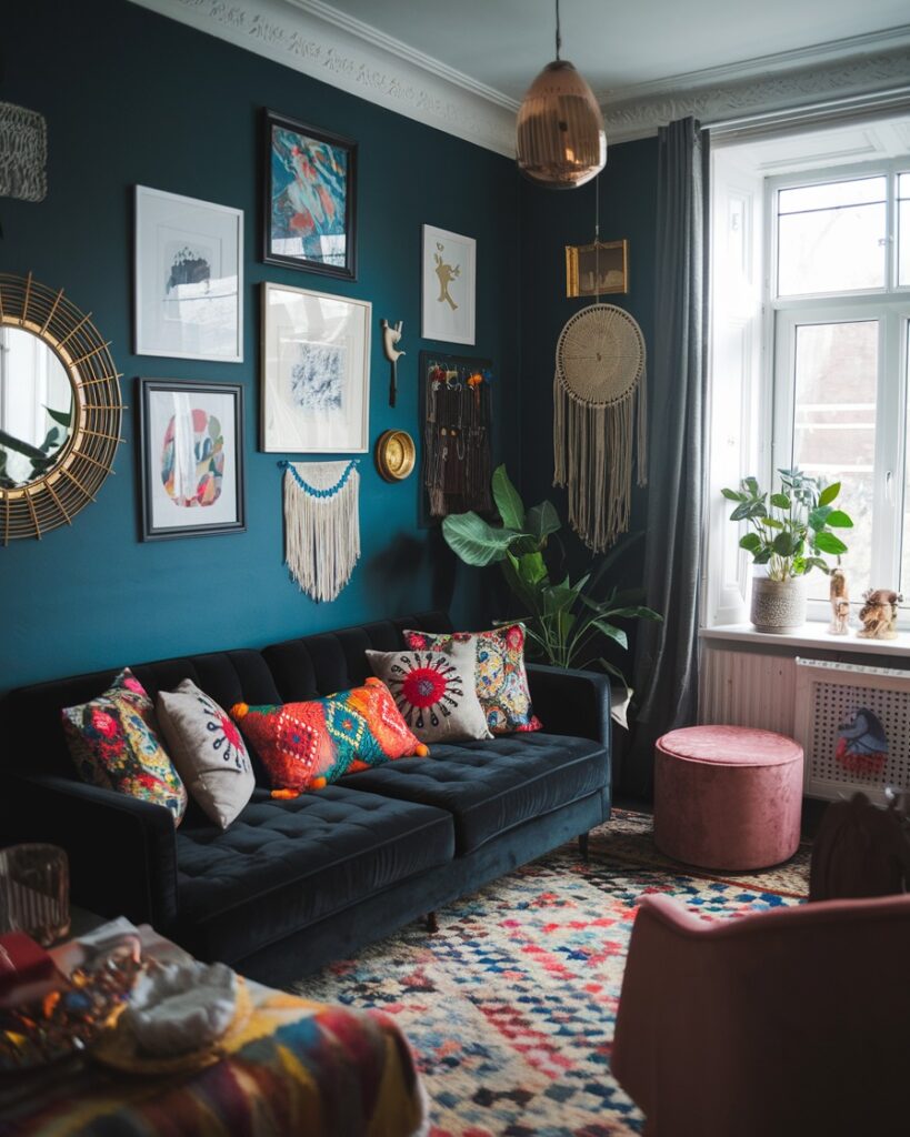 Navy velvet sofa with colorful pillows teal walls and gallery wall display