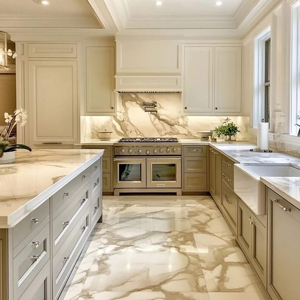  Cream kitchen with matching marble floors countertops and backsplash