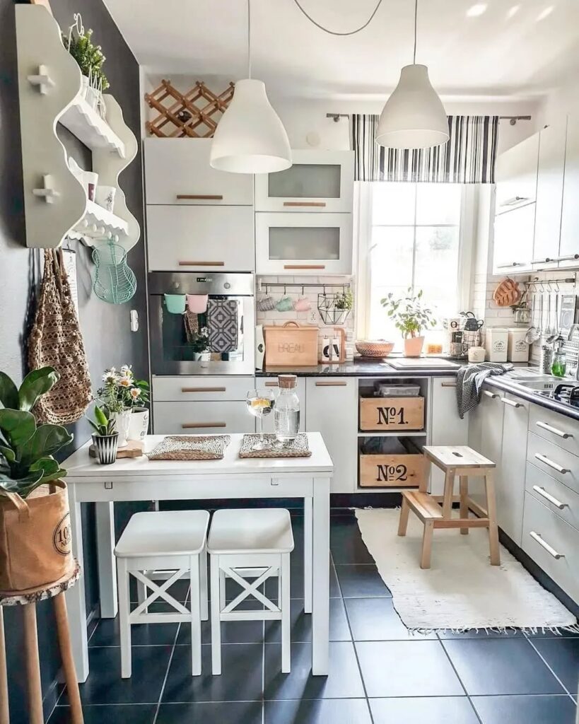 White kitchen with numbered storage drawers and geometric tiles