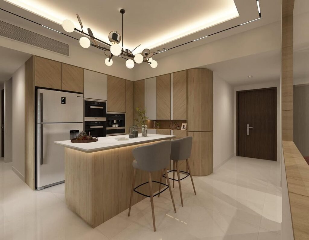 Contemporary kitchen with orb light fixture and curved wooden island