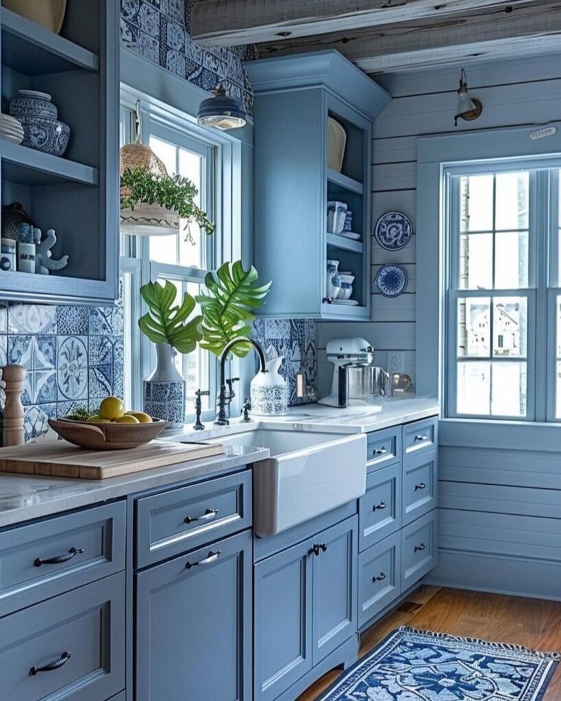 Blue kitchen with Portuguese tile backsplash farmhouse sink and hardwood floors