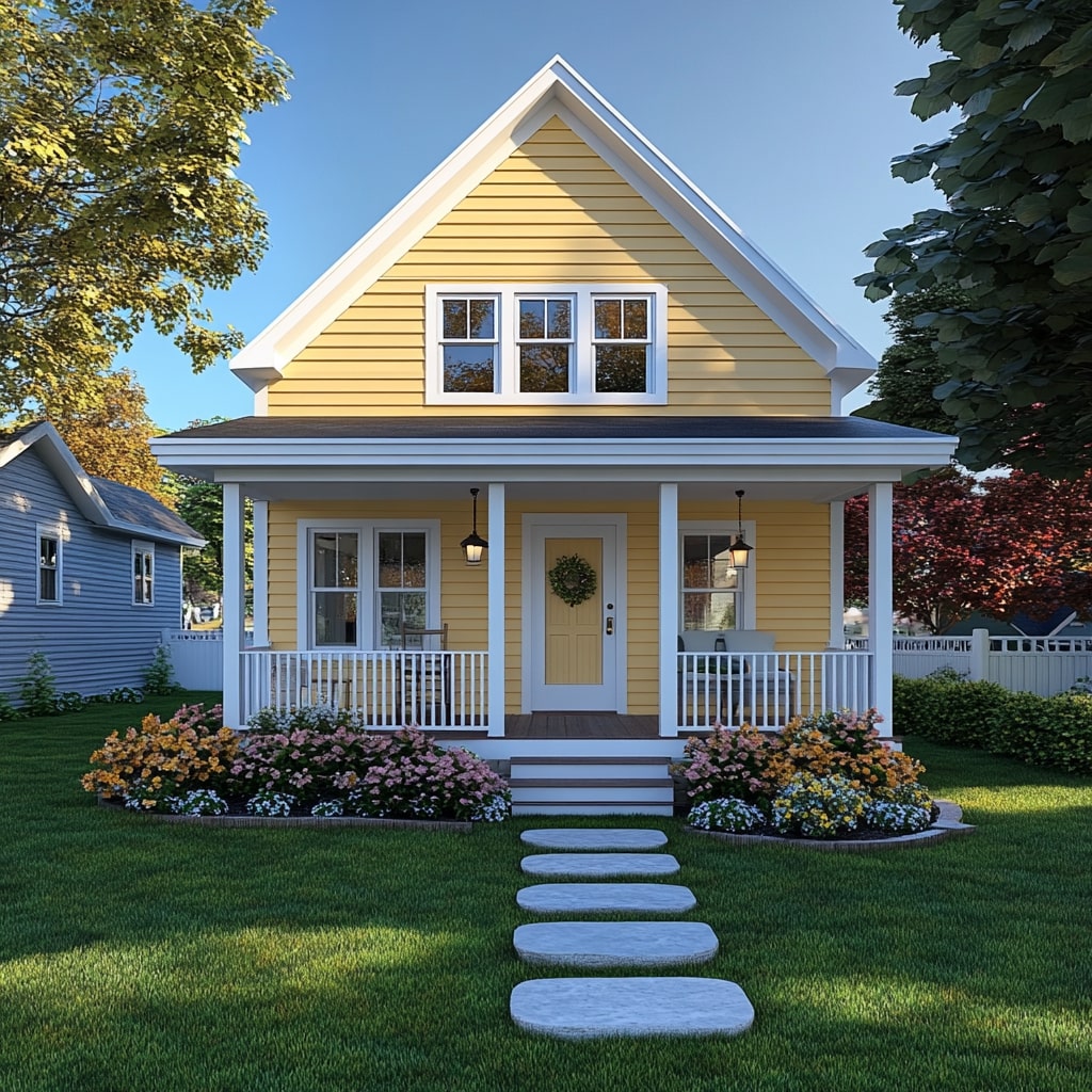 Two story yellow farmhouse with white trim wraparound porch and curved flower gardens