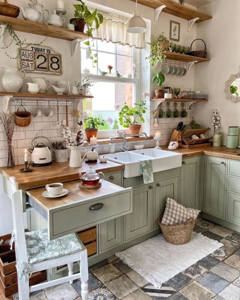 Sage green kitchen with wooden counters and farmhouse sink