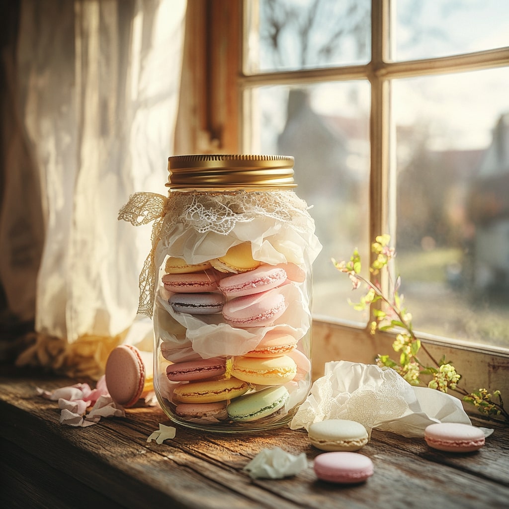 Mason jar filled with colorful French macarons decorated with lace ribbon