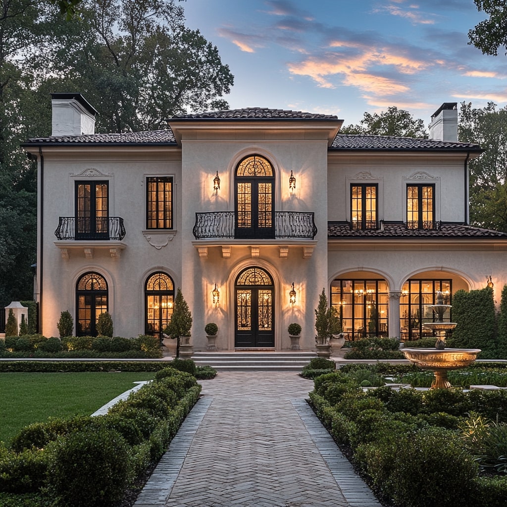 Cream colored French mansion with arched windows formal gardens and iron balconies