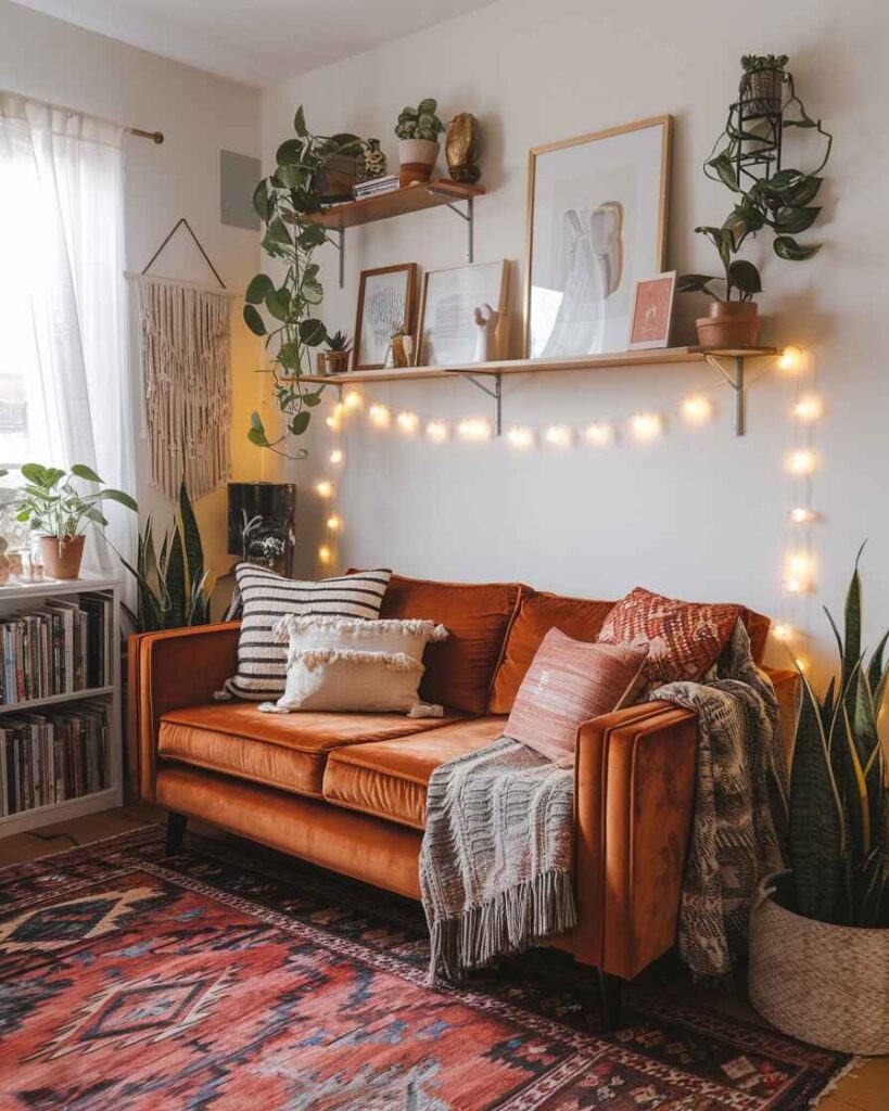 Cognac leather sofa with string lights floating shelves and indoor plants