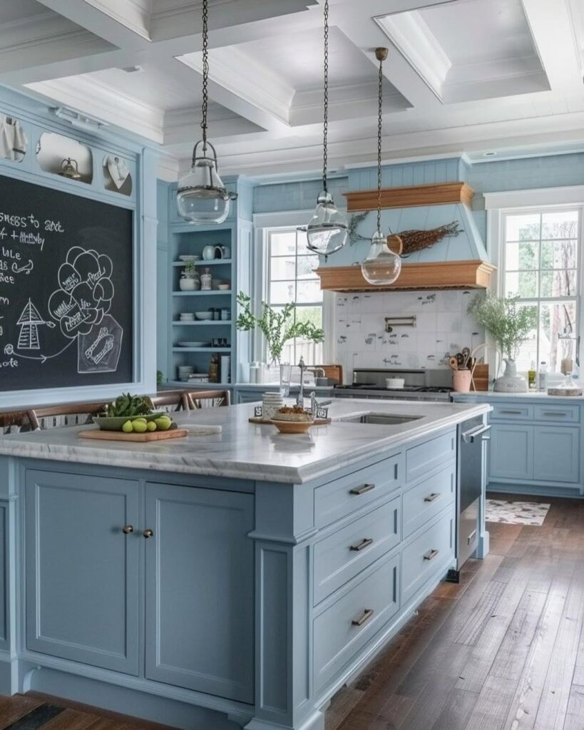 Blue kitchen with chalkboard wall glass pendants and coffered ceiling