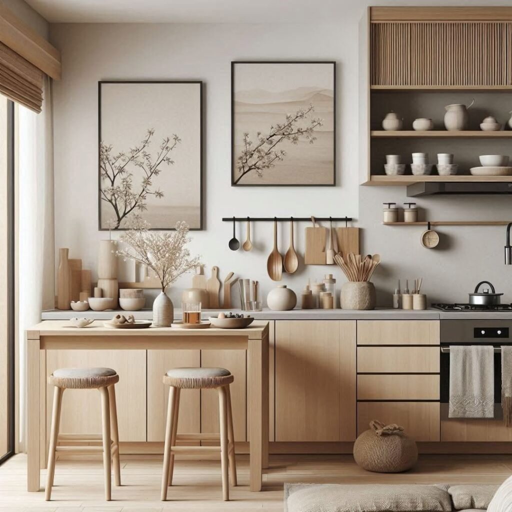 Kitchen with Japanese inspired artwork and wooden utensil display