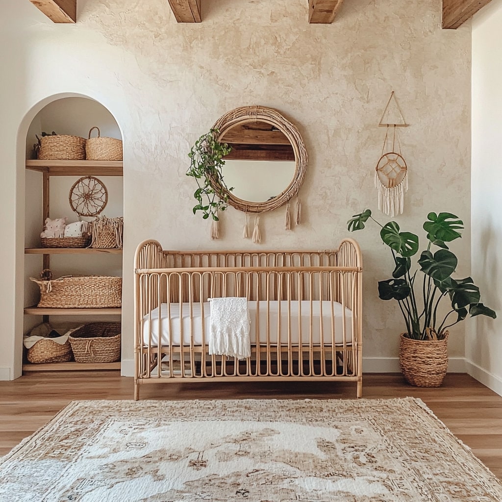 Bohemian nursery with rattan crib woven decor and arched shelving