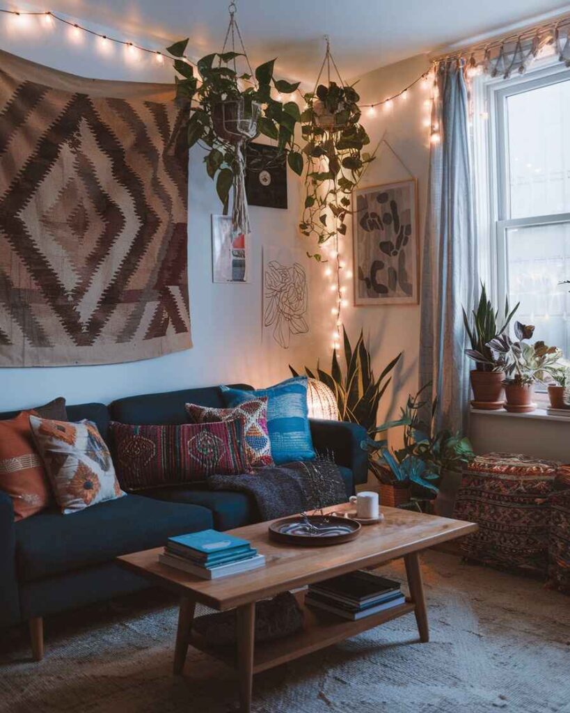 Navy sofa with tribal tapestry string lights and hanging plants