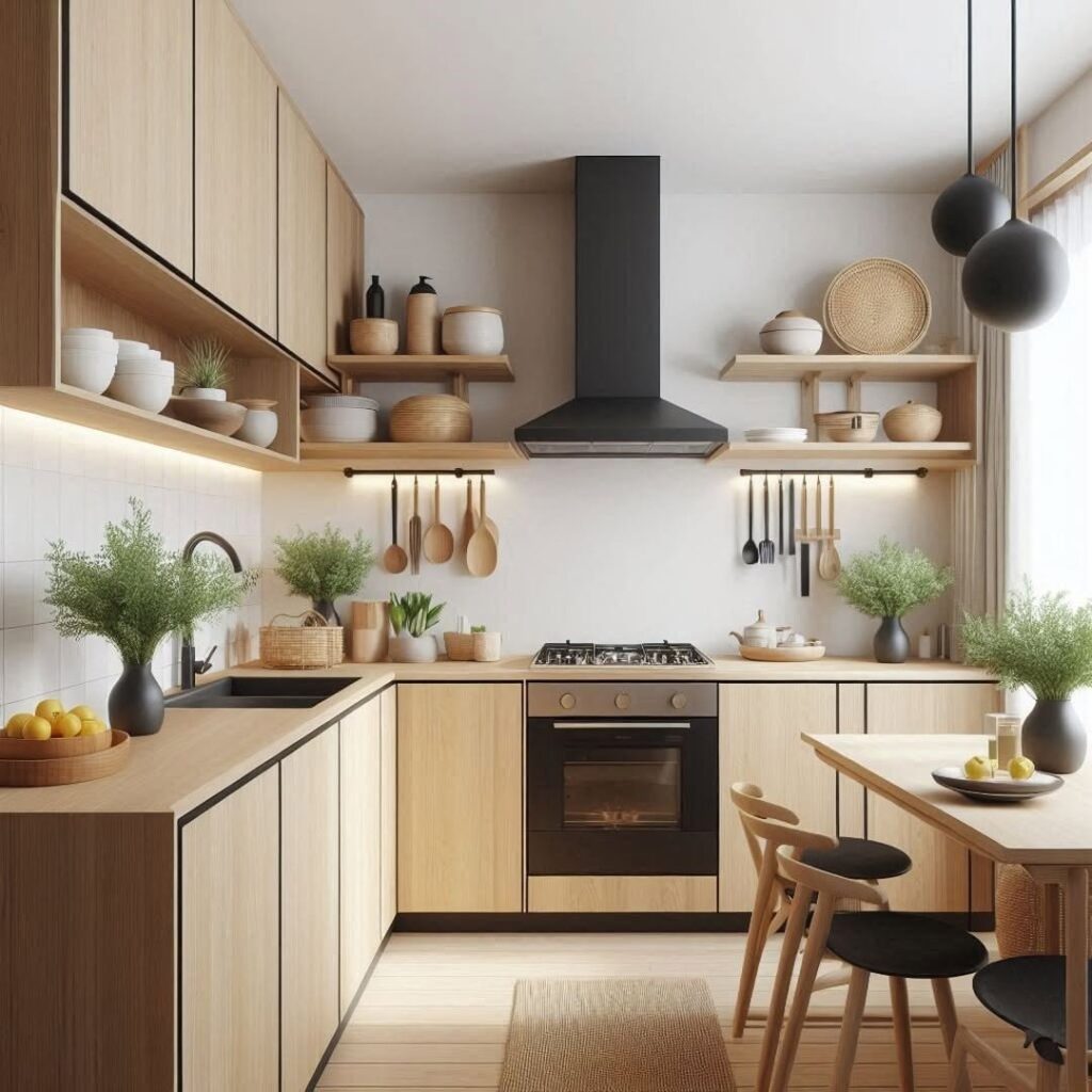 Small kitchen with wooden cabinets and black accents featuring herb displays