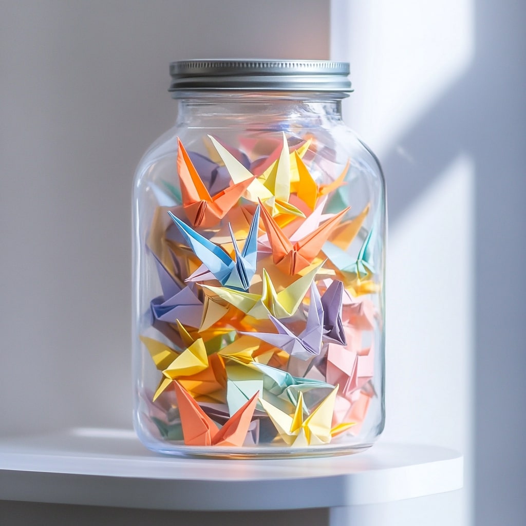 Mason jar filled with pastel colored origami paper cranes