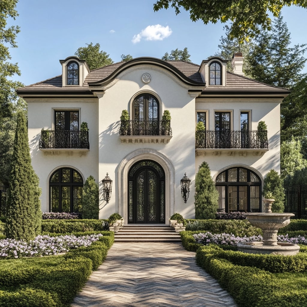 Elegant French style house with curved roof iron balconies and formal garden design