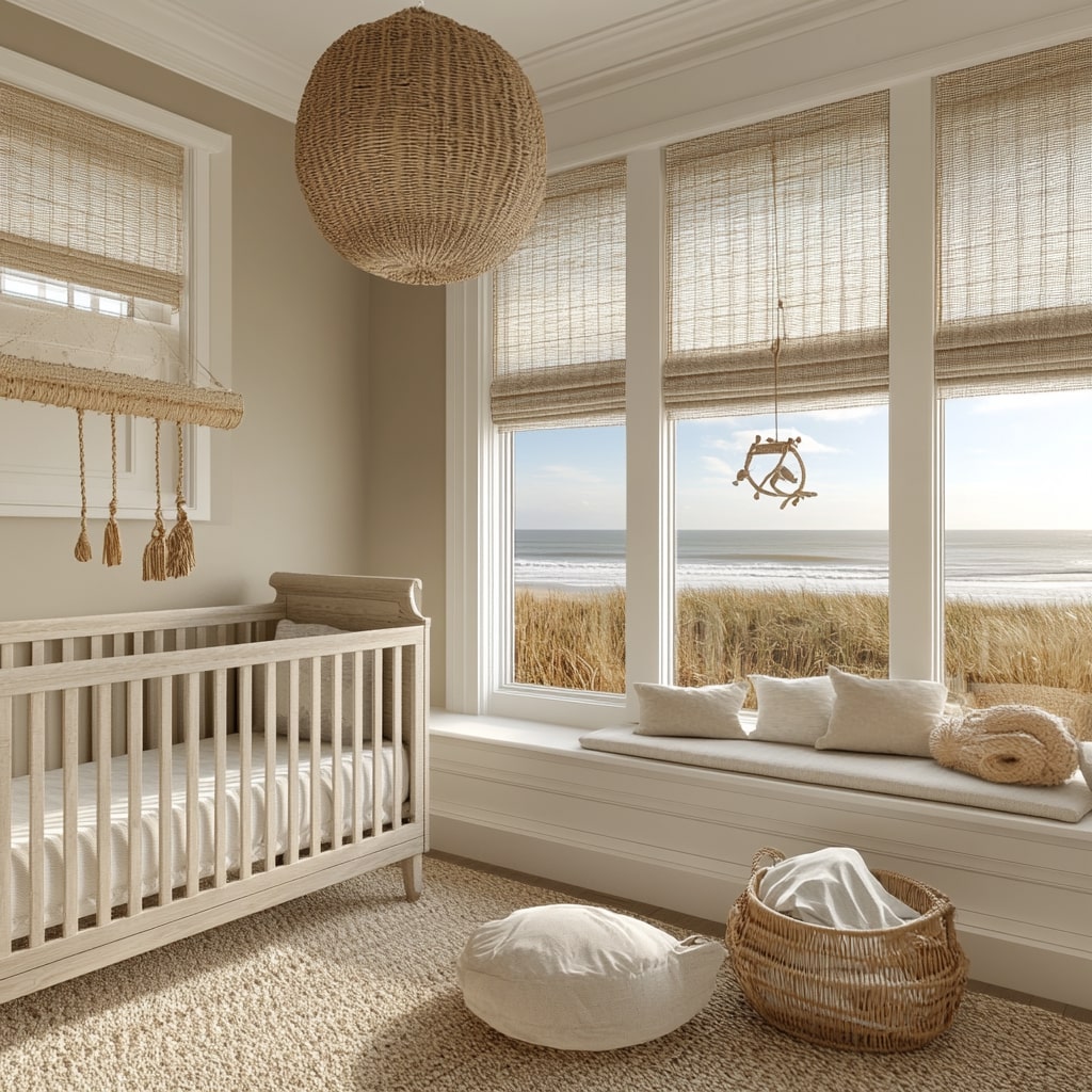 Beachfront nursery with natural textures and window seat