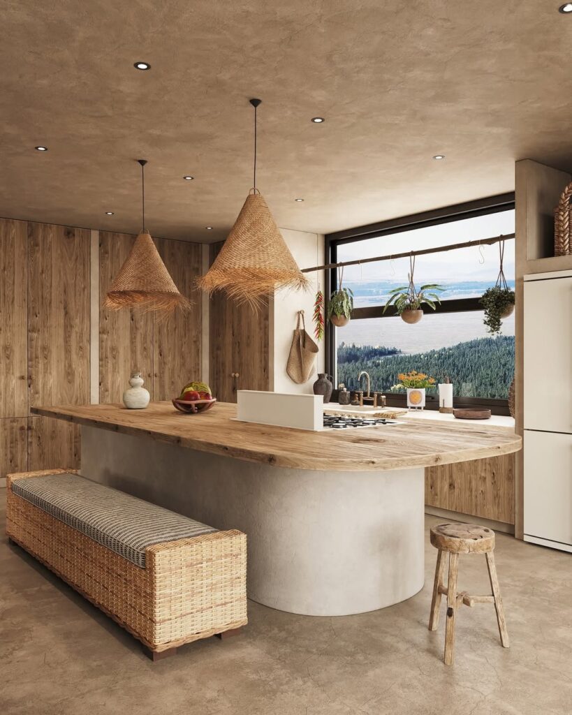 Kitchen with ocean view featuring woven lights and curved wooden counter