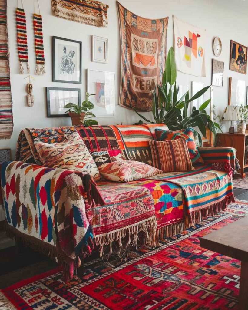 Colorful sofa covered in tribal textiles with matching wall hangings