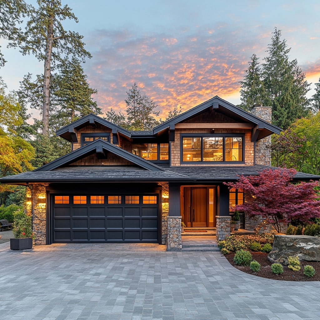 Craftsman style house with stone accents timber details and paver driveway