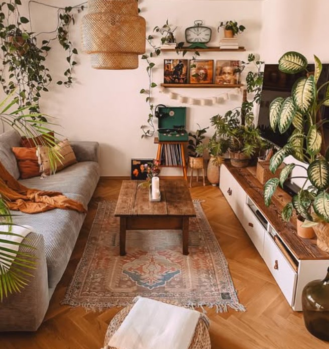 Cozy living room with plants vintage decor and wooden furniture