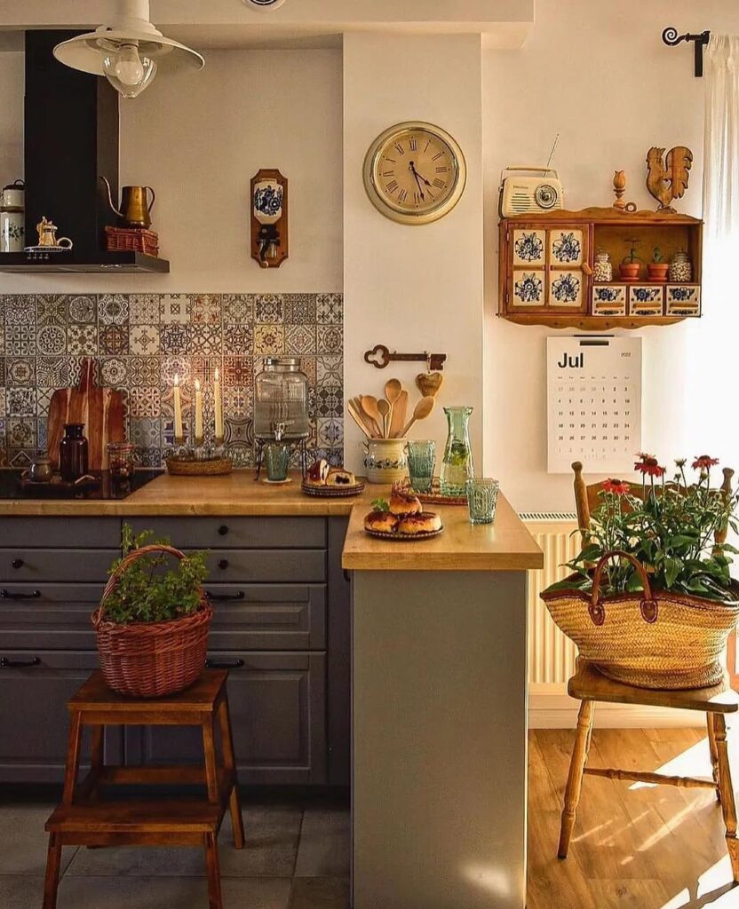 Kitchen with patterned tiles and vintage accessories