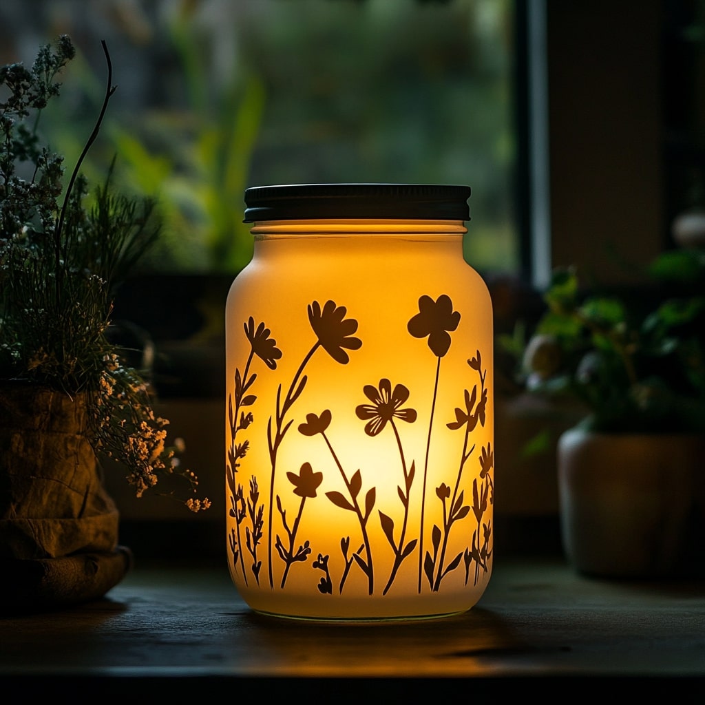 Illuminated mason jar with etched wildflower silhouettes