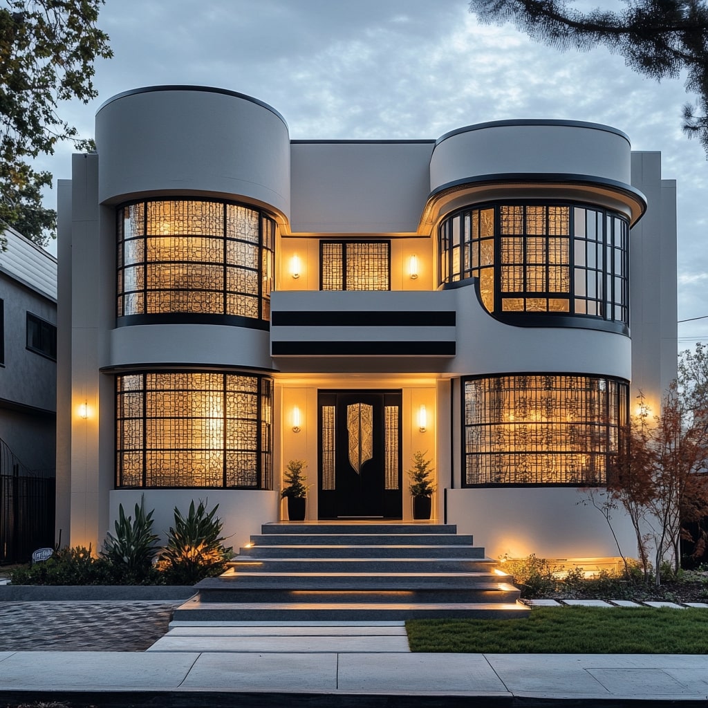 White modern house with cylindrical towers and geometric black accent details