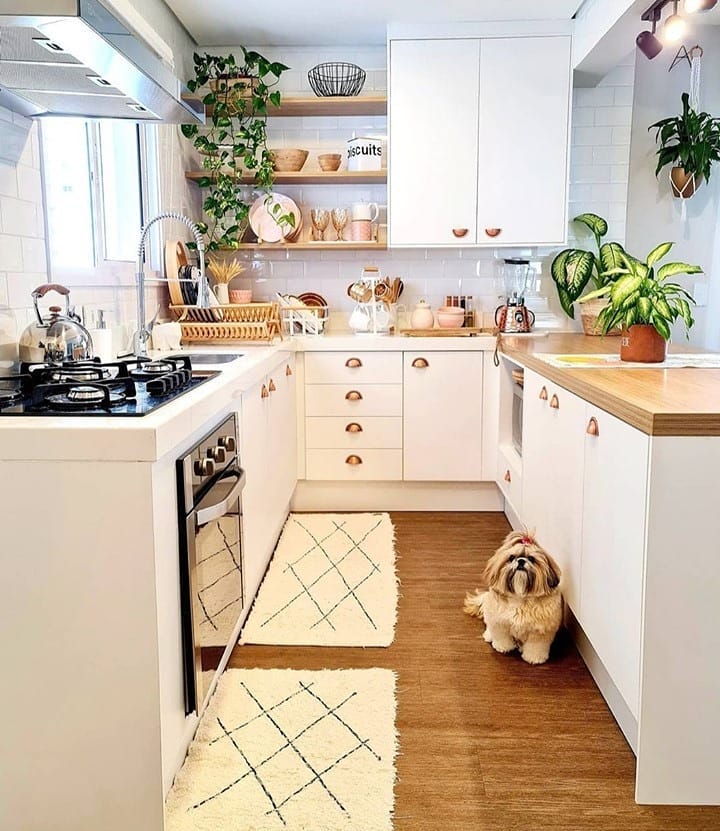 White kitchen with wooden countertops houseplants and decorative rugs